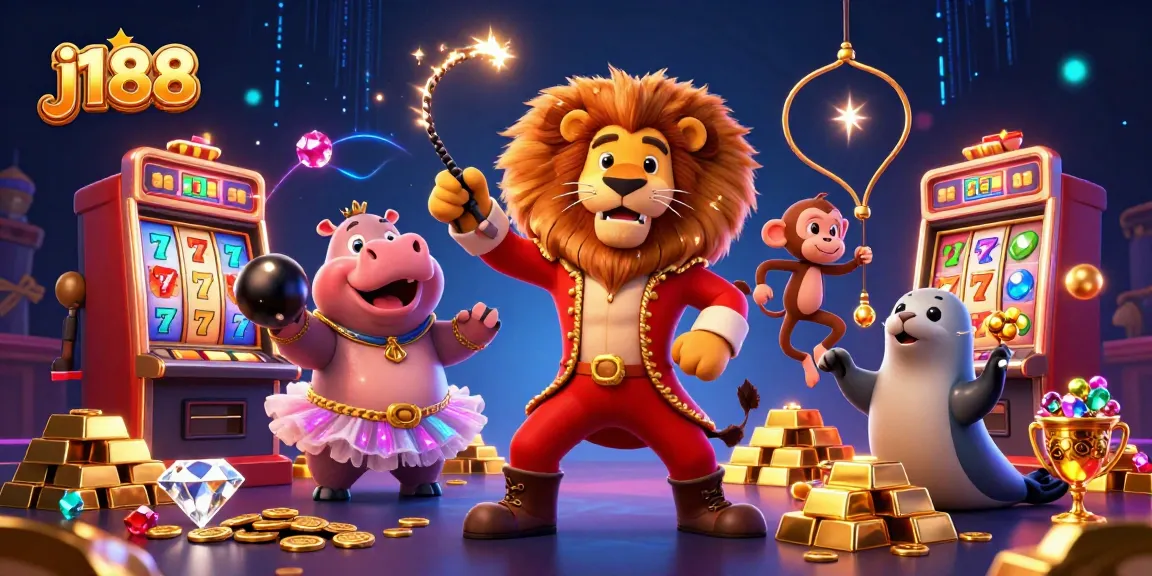 Experience winning spins and vibrant excitement with j188's dynamic casino scene, showcasing lively characters and engaging slots.
