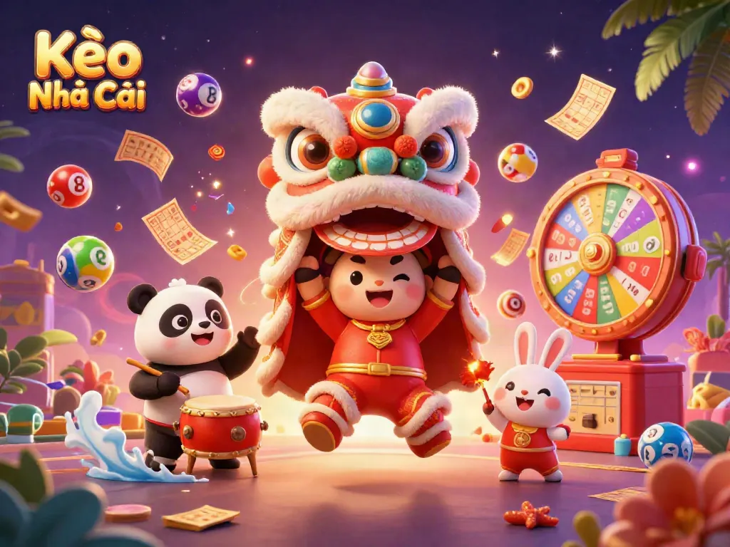 Kèo Nhà Cái themed celebration with characters in a festive lion dance surrounded by colorful lottery elements.