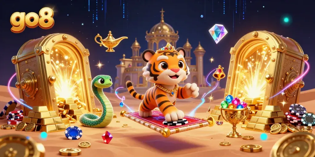 Engage with the vibrant go8 gaming universe, featuring a tiger sultan on a carpet of poker chips surrounded by treasures.