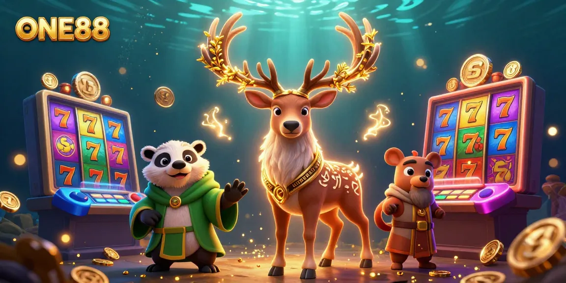 Engage with ONE88's vibrant 3D casino world featuring captivating slot reels and characters.