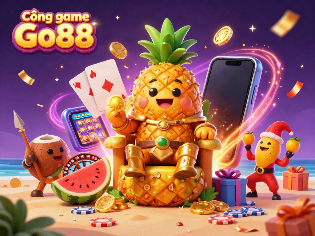 Cổng game Go88 illustration featuring a golden pineapple king in a vibrant casino beach scene with gaming elements.