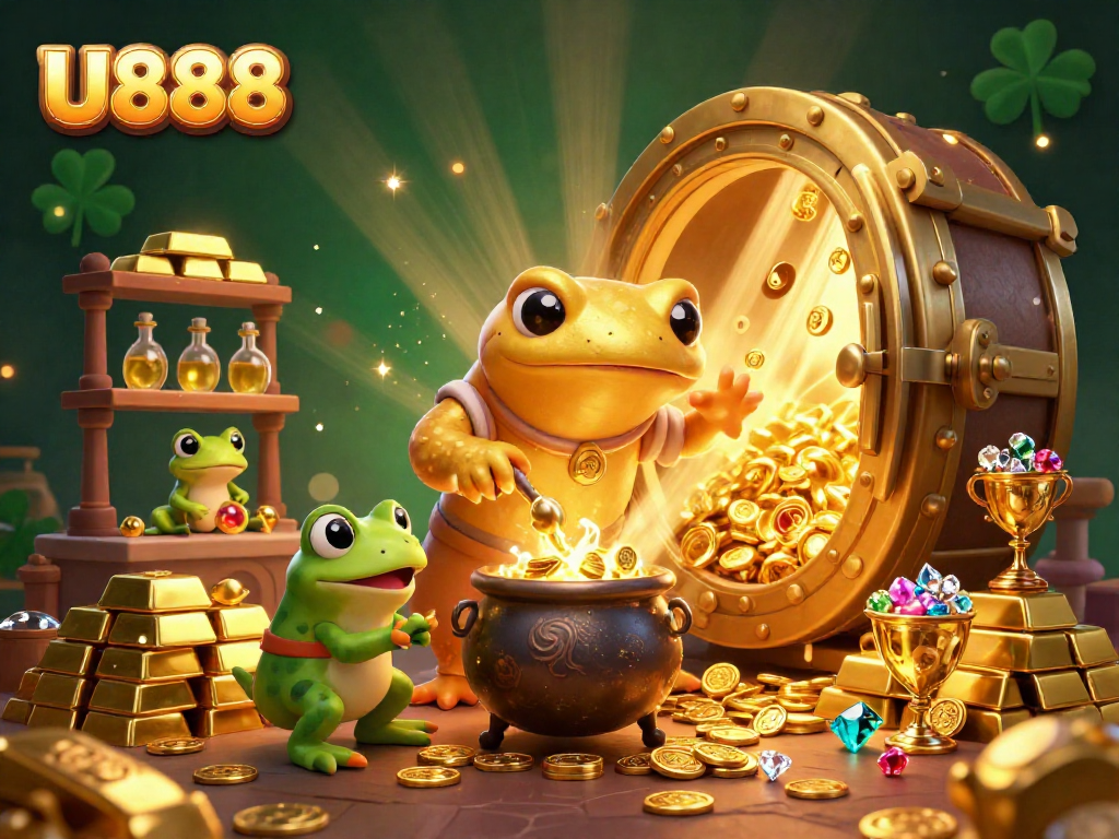 Experience the thrill of U888 with golden treasure in a vibrant 3D casino scene.