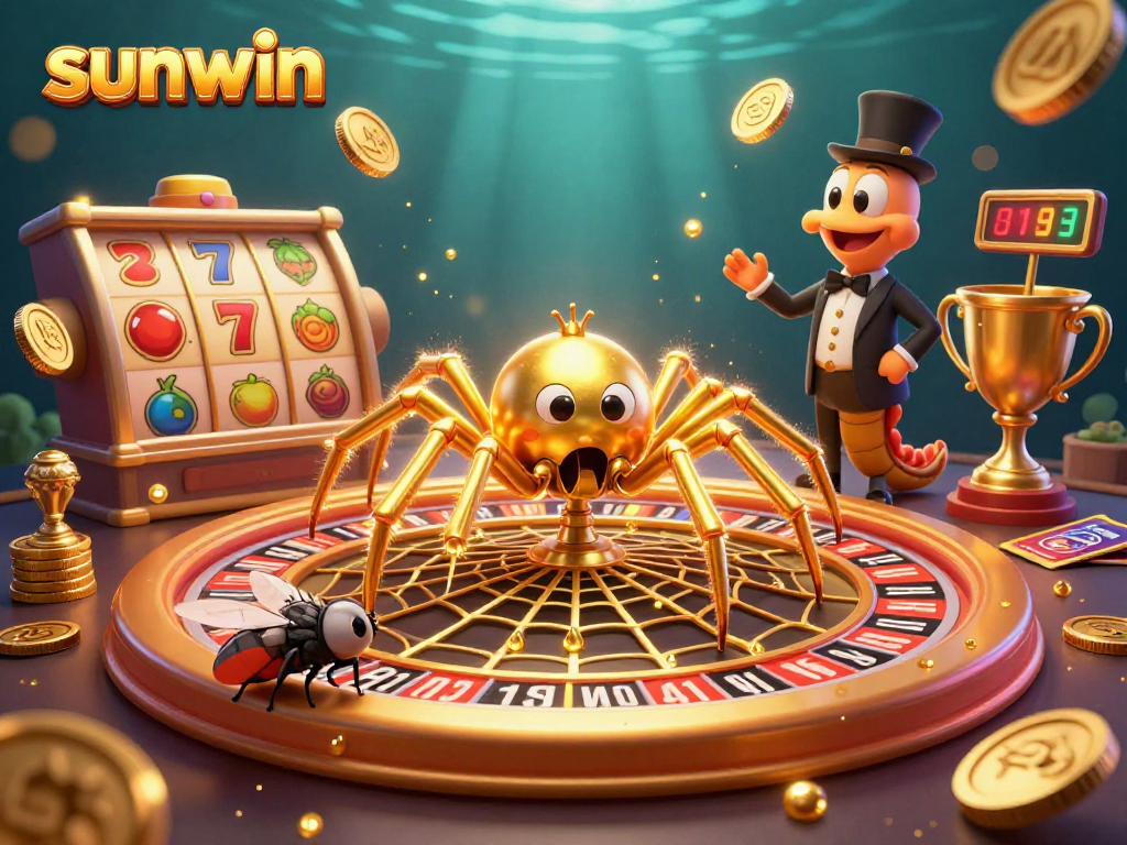 Engage with sunwin's dynamic casino scene featuring a roulette wheel web and lively characters.
