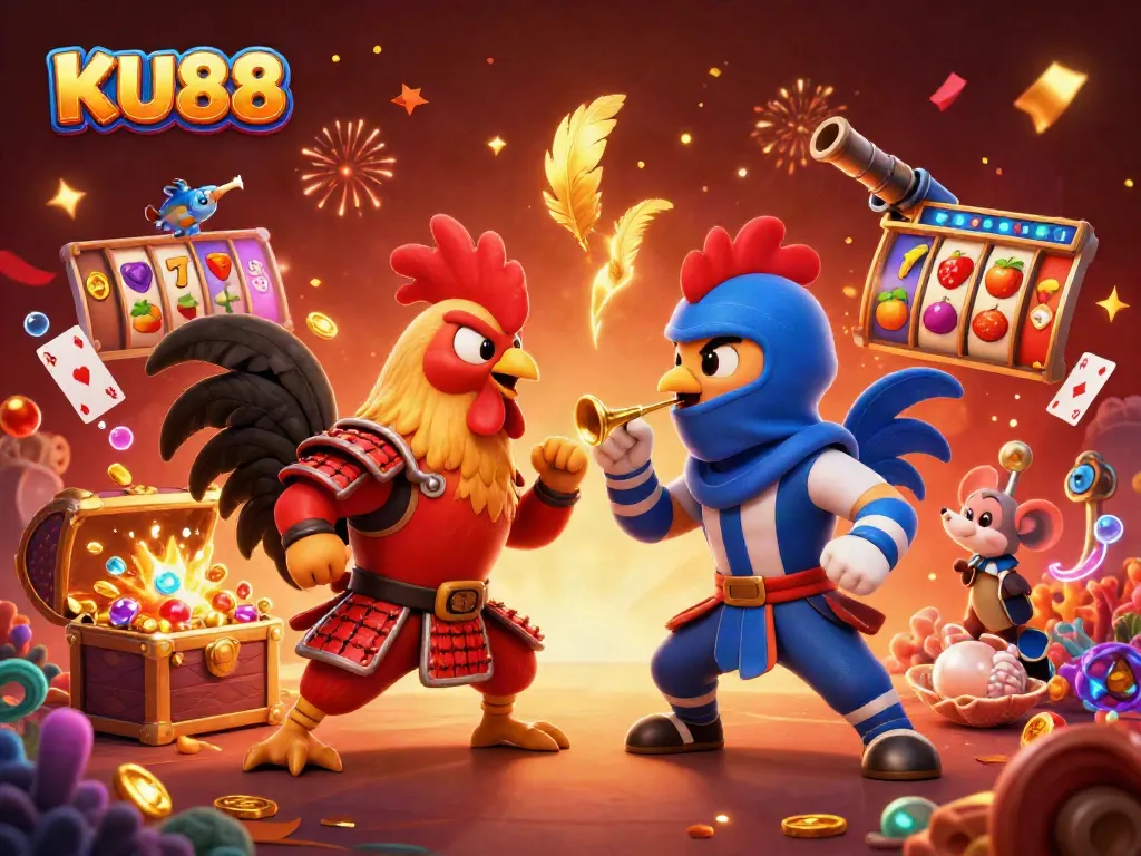 KU88 showcases dynamic fighting roosters amidst treasure and slots in an action-packed casino scene.