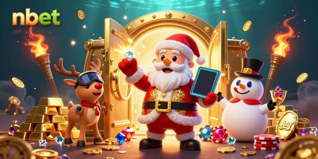 Experience the thrill of nbet with Santa and friends in a vibrant casino scene!