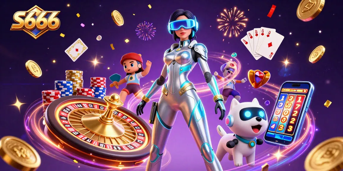 S666 players enjoy vibrant 3D casino elements with a woman and robot amid dazzling game icons.