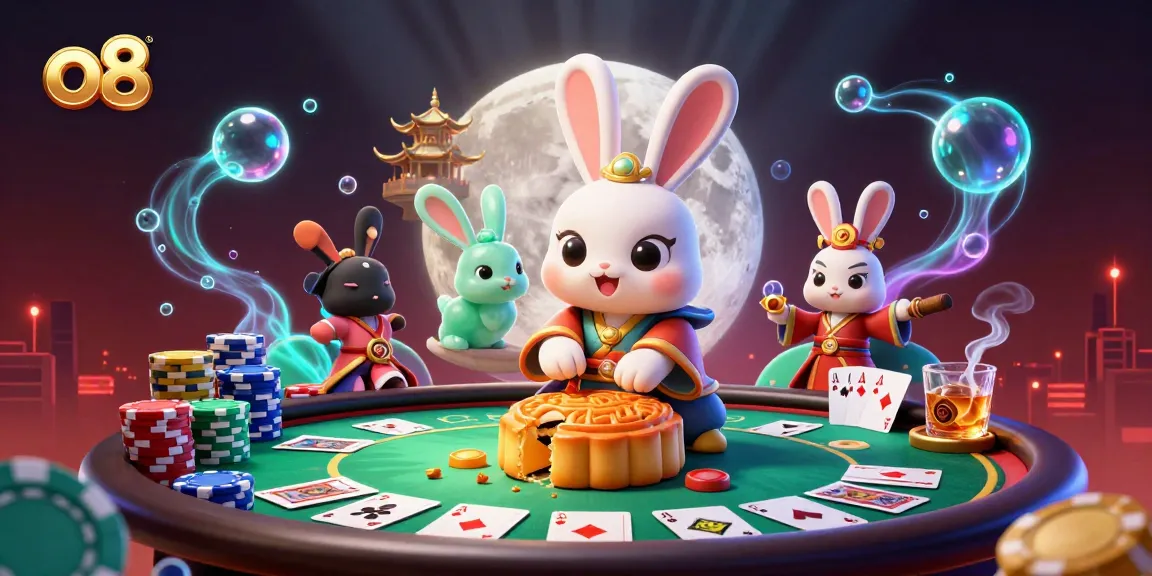 Experience vibrant casino action at o8, featuring a moon rabbit and poker chips.