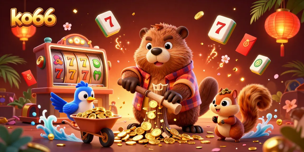 Experience the excitement of ko66 with a vibrant scene featuring a playful beaver and gold rewards.