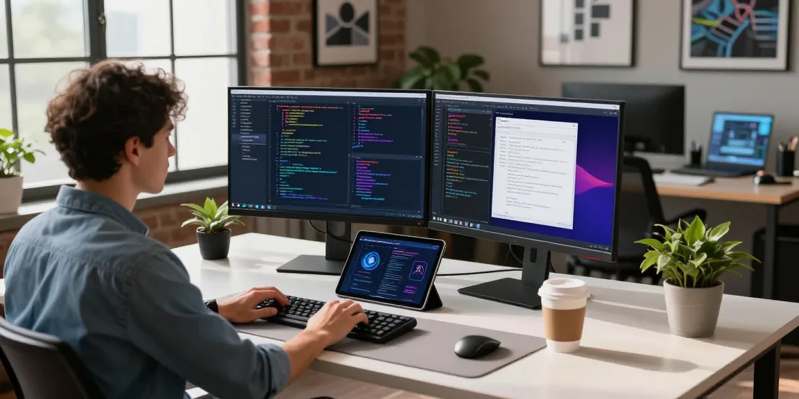 Build internal tools with AI in modern developer workspace, featuring code on dual monitors and vibrant office atmosphere.
