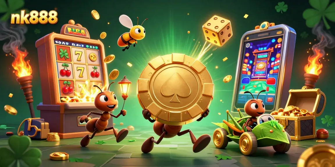 Play thrilling nk888 slots with a 3D ant heist, golden poker chips, and jackpot excitement!