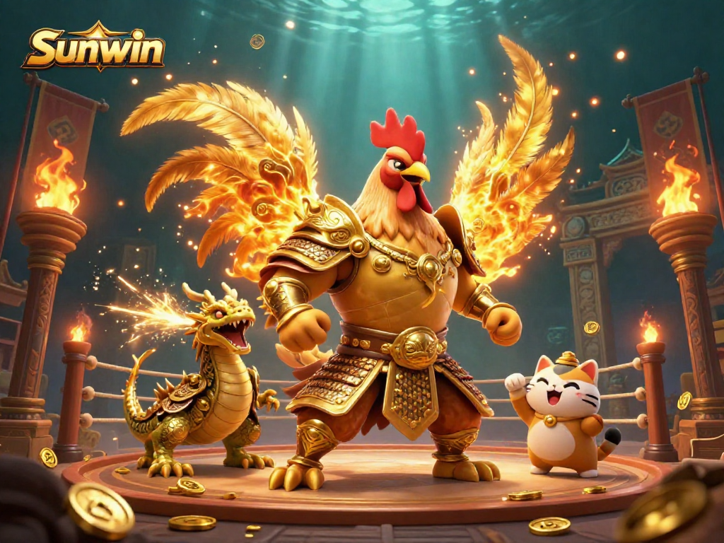 Join the exciting Sunwin adventure with a dynamic rooster warrior, dragon, and fortune cat in a thrilling betting arena.