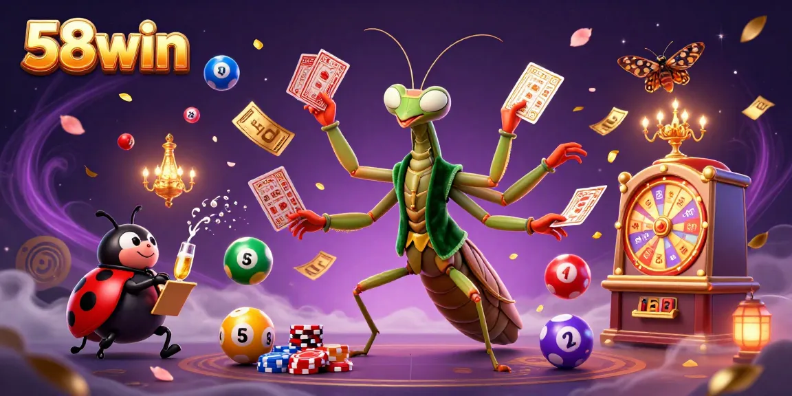Experience the thrill of 58win as the 3D cartoon mantis dealer shuffles cards and pours champagne in a vibrant casino setting.