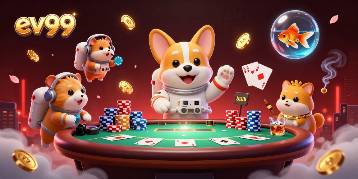 ev99 space station casino scene featuring a corgi astronaut, poker elements, and whimsical characters