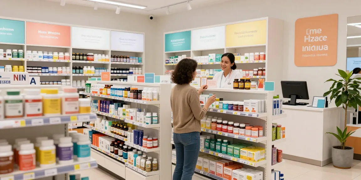 Medi Pharma Shop mit lebhaften Gesundheitsprodukten und freundlichem Service in einer modernen Apothekenumgebung.