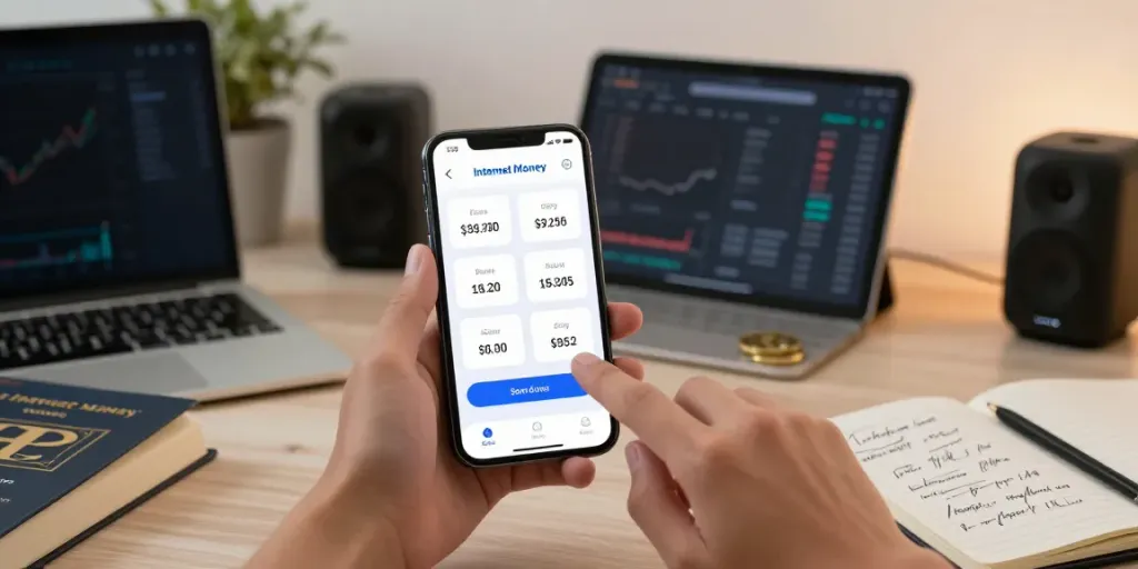 Engaging user interface of the internet-money app showcasing cryptocurrencies in a modern home office setting.