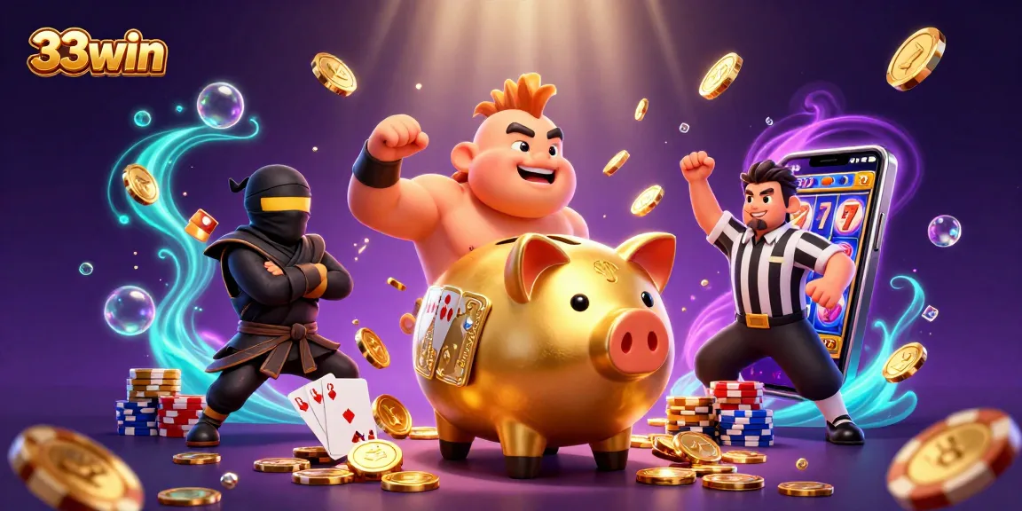 Engage in vibrant casino action with 33win's dynamic gaming illustration featuring a piggy bank sumo wrestler.