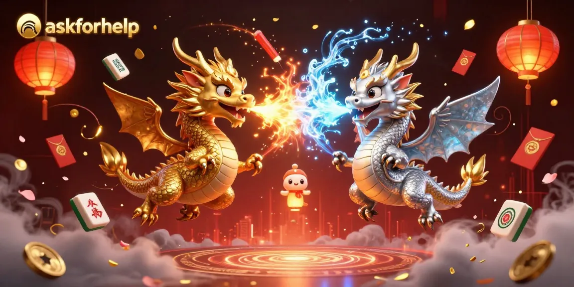 Engage with askforhelp in this vivid illustration featuring gold and silver dragons amidst a rich casino environment.