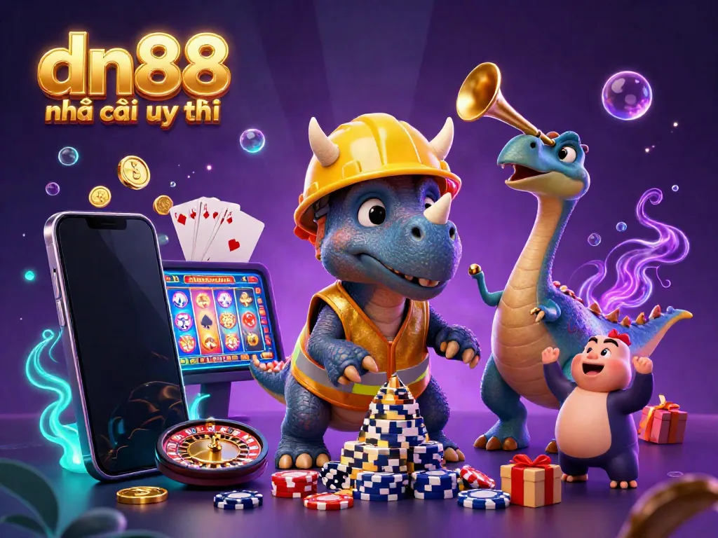 Join the celebration at dn88 nhà cái uy tín with a triceratops building poker chips and fun gaming elements.