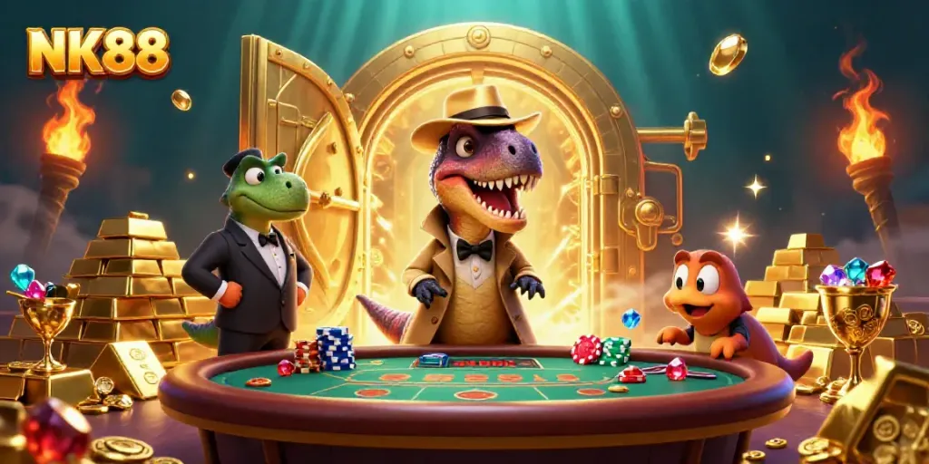 Experience captivating gameplay at NK88 with a vibrant casino scene featuring a velociraptor at a blackjack table.