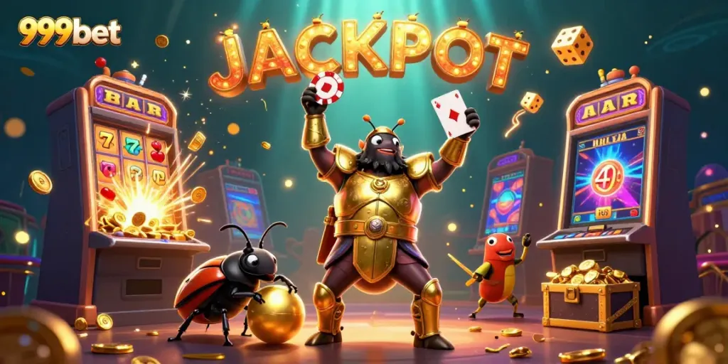 Experience the excitement of 999bet with a dynamic 3D scene showcasing a beetle champion lifting a poker chip amidst a jackpot explosion.