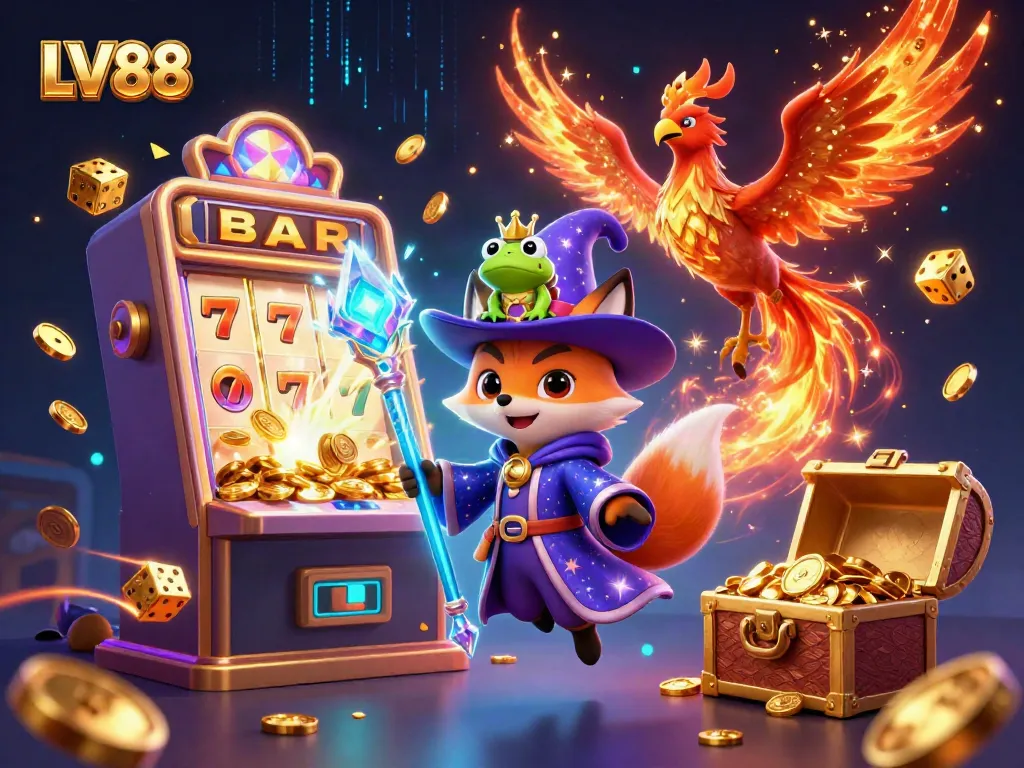 Experience the excitement of LV88 casino with a magical scene of a wizard fox, phoenix, and jackpot thrills.