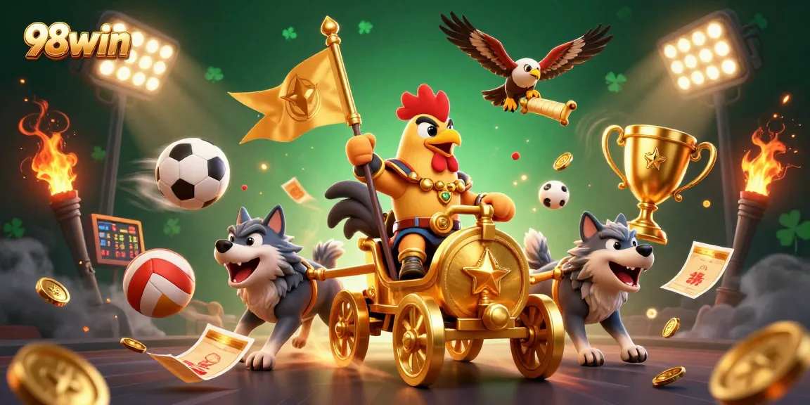 98win offers thrilling sports betting experiences depicted by a rooster warlord in a dynamic casino setting.