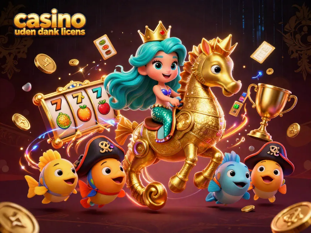 Experience fun and excitement with casino uden dansk licens featuring a dynamic mermaid princess, slot machines, and vibrant casino elements.