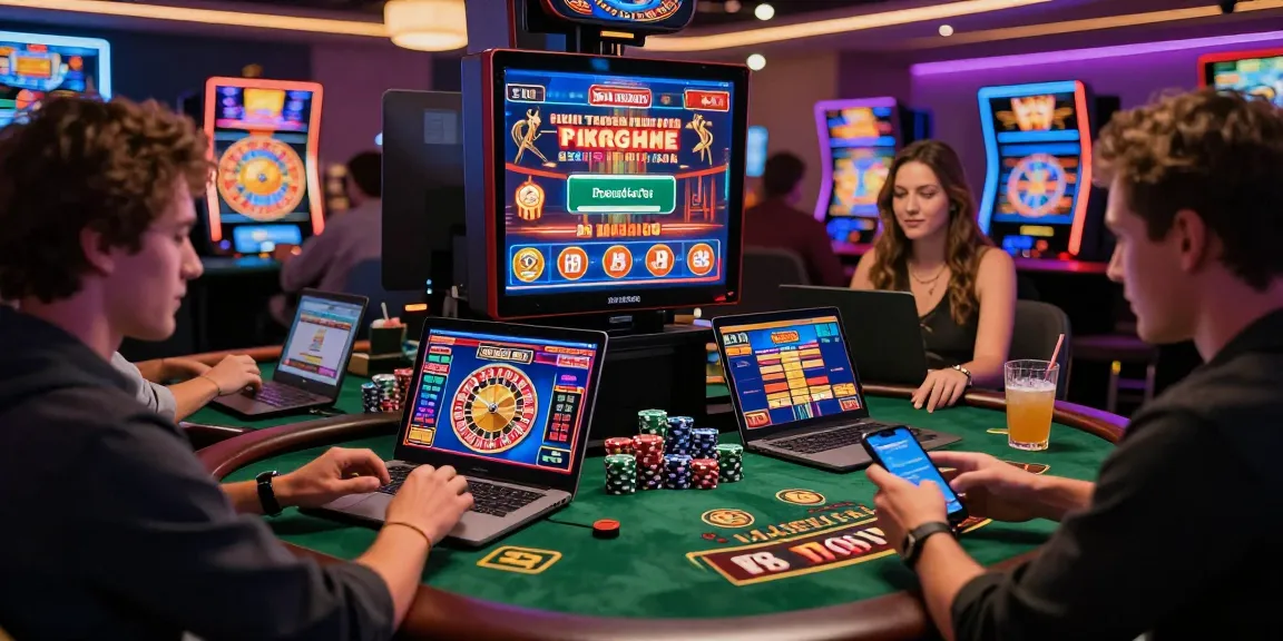 Spannende Paysafe Card Casino-Szene mit Spielern, die in einem lebhaften, modernen Umfeld verschiedene Spiele genießen und digitale Einzahlungen sowie immersives Erlebnis präsentieren.