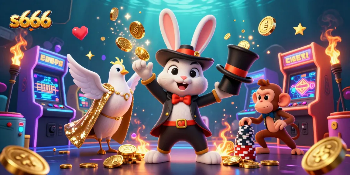 Experience the magic of s666 with a vibrant 3D illustration featuring a magician rabbit and casino elements.