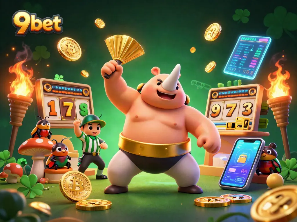 Experience the excitement of 9bet with a dynamic scene of a rhinoceros beetle sumo champion amidst flying coins and games.