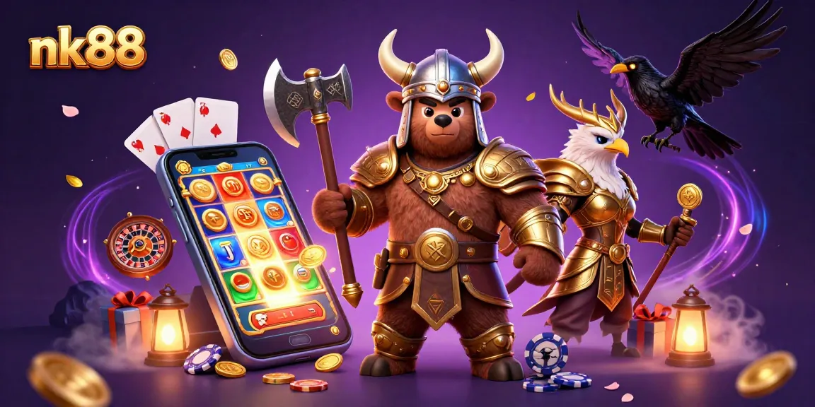 Engage in thrilling gameplay with nk88, featuring a Viking bear and golden eagle amidst spinning slot reels.