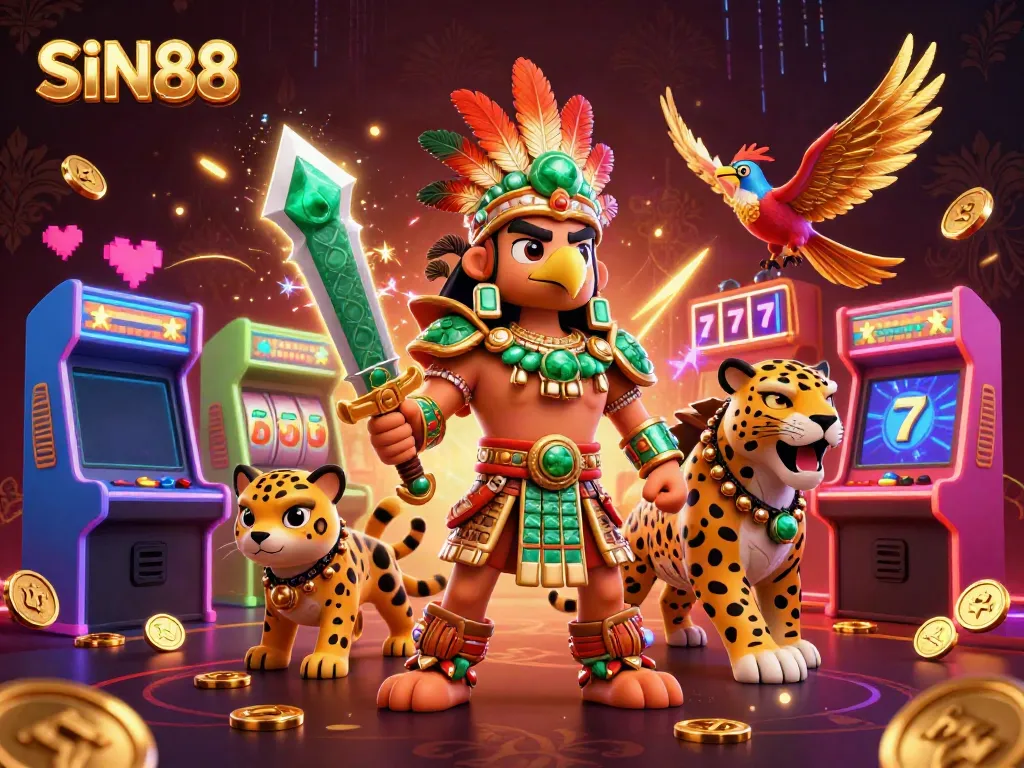 SIN88 magical gaming scene with Aztec warrior and glowing slot machines showcasing vibrant casino excitement.