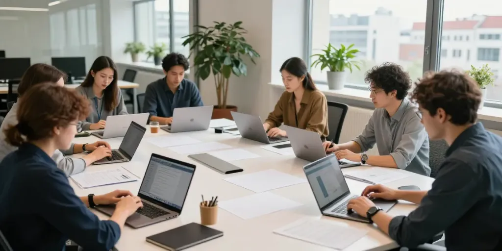 Büroräumung Wien: Professionelles Büroteam bei der Zusammenarbeit in hellen Büroräumen.