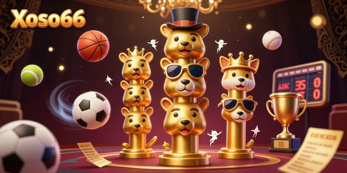 Xoso66 showcases a lively scene with a vibrant totem pole, dynamic sports elements, and colorful 3D casino illustrations.