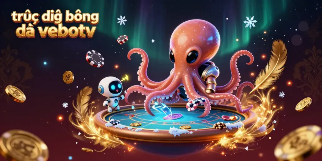 Experience the action with trực tiếp bóng đá vebotv, where a cosmic octopus oversees a vibrant poker scene.