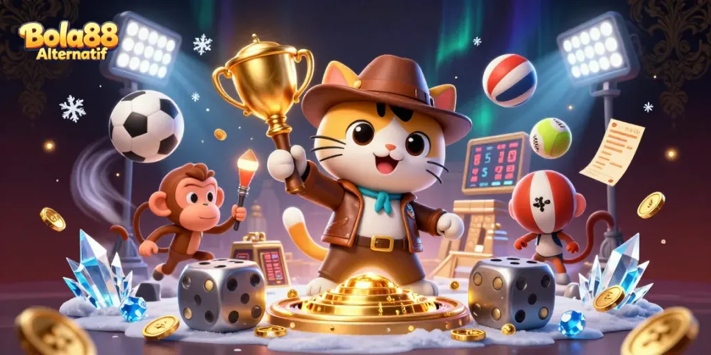 Bola88 Alternatif showcases an explorer cat discovering a treasure in a grand animated casino setting.