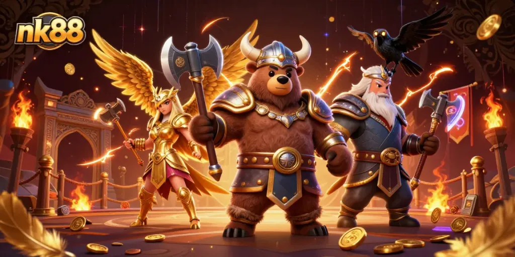 Play thrilling games with nk88 featuring a Viking berserker and golden Valkyrie in a dynamic casino arena.