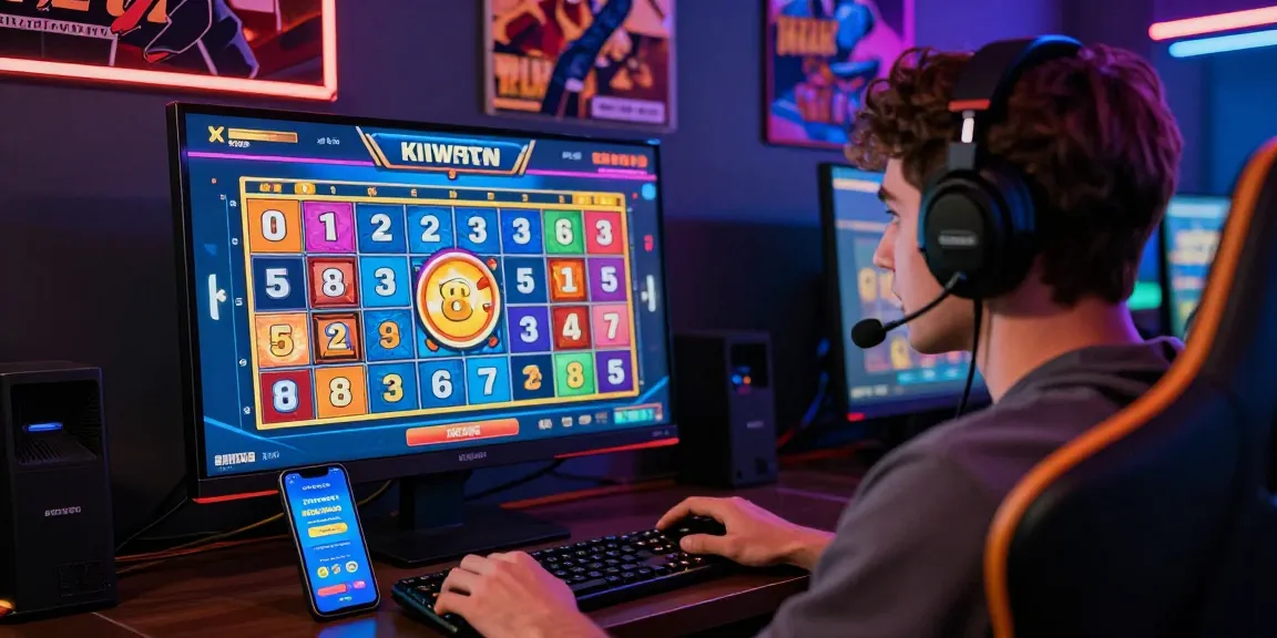 Pengguna KIWTOTO terlibat dalam permainan lotere online dengan lingkungan bermain yang penuh warna dan perangkat digital.