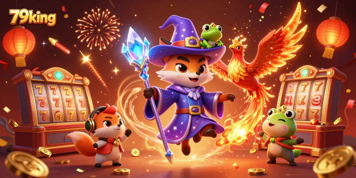 Engage with 79king's vibrant casino experience featuring a mystical wizard fox amidst dynamic gaming elements.