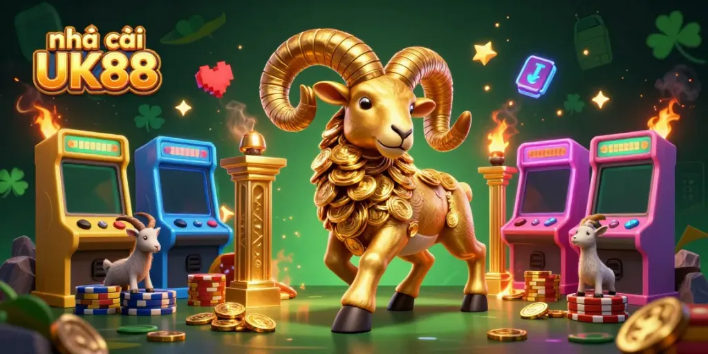 Experience the excitement at nhà cái UK88, featuring a golden ram charging through a vibrant casino scene.