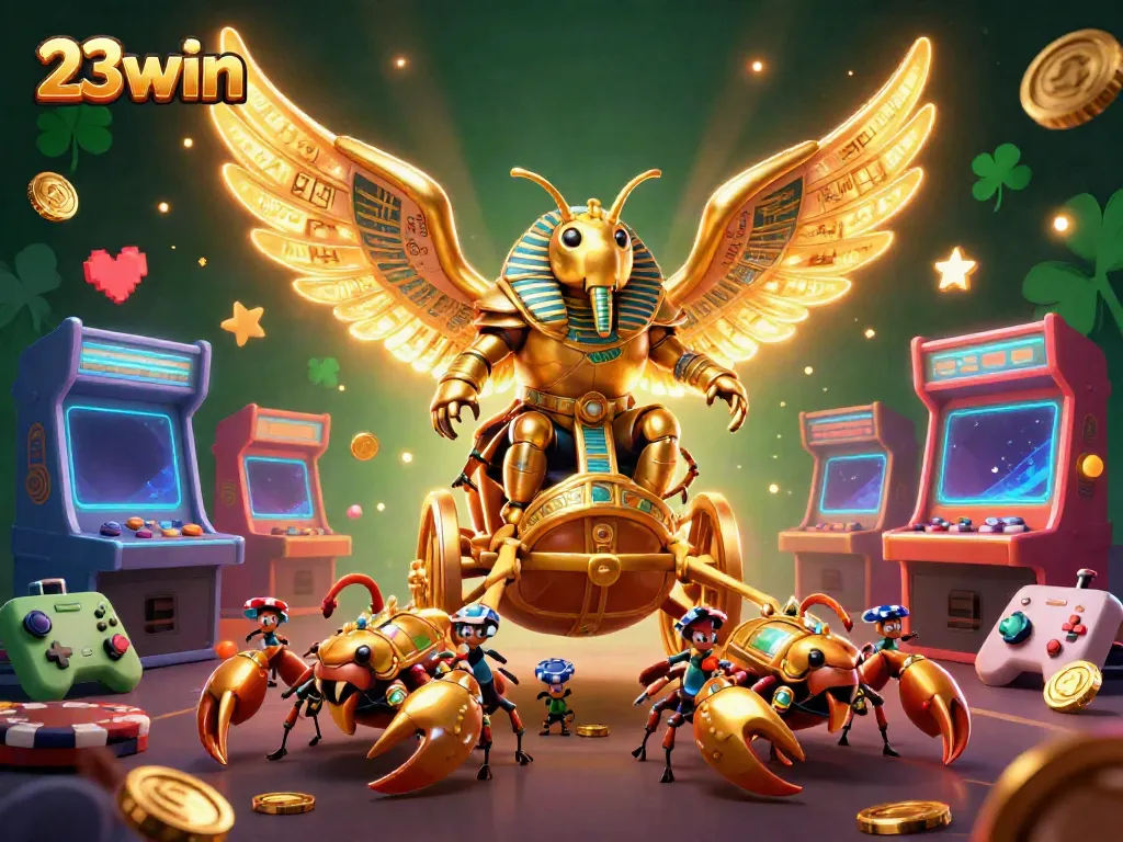 Experience thrilling gameplay at 23win with a dynamic scene featuring a majestic scarab beetle and casino elements.