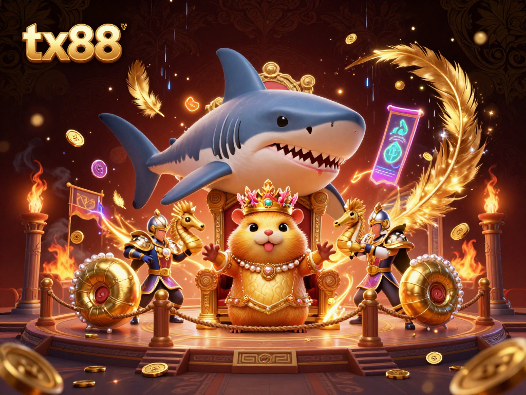 Engage with tx88’s vibrant casino scene featuring a golden hamster king and iconic gaming elements.