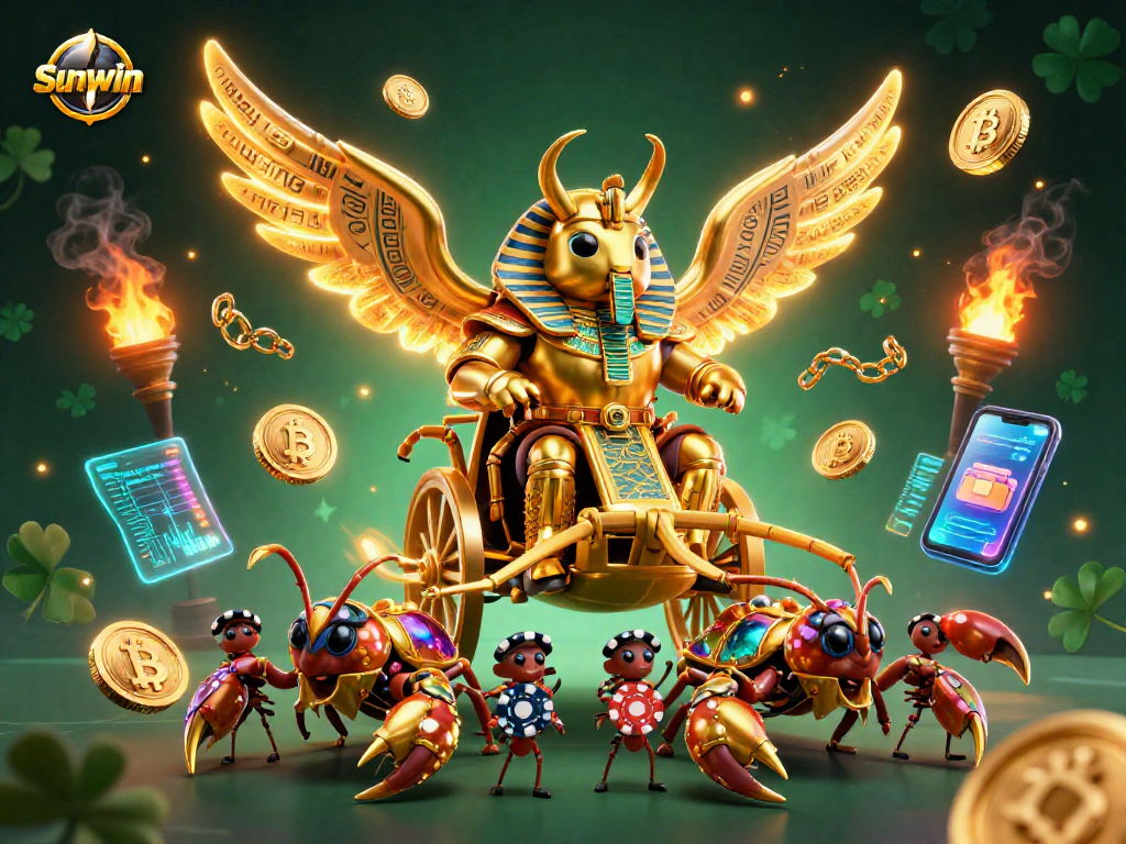 Join the Sunwin gaming adventure with a colossal golden scarab beetle and scorpions, amidst vibrant cryptocurrency elements.