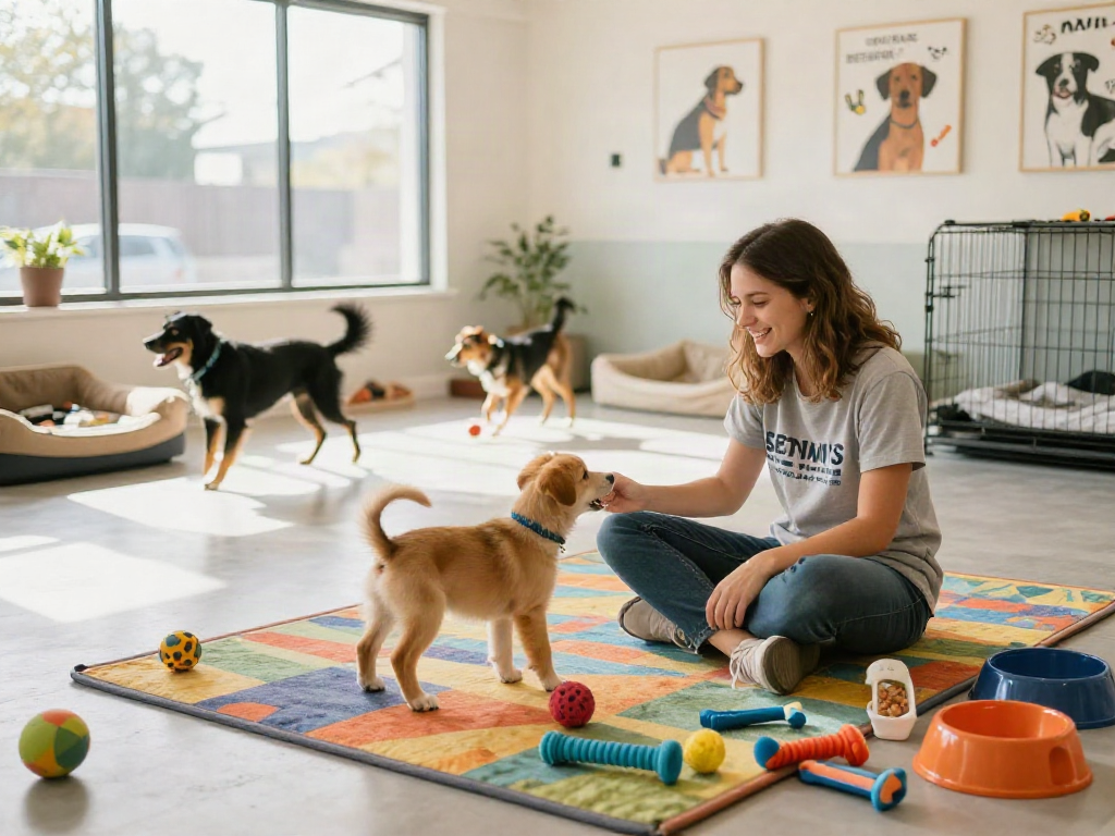 Staff member engaging with dogs in a dog daycare, showcasing deposit 10k investment potential for pet care businesses.