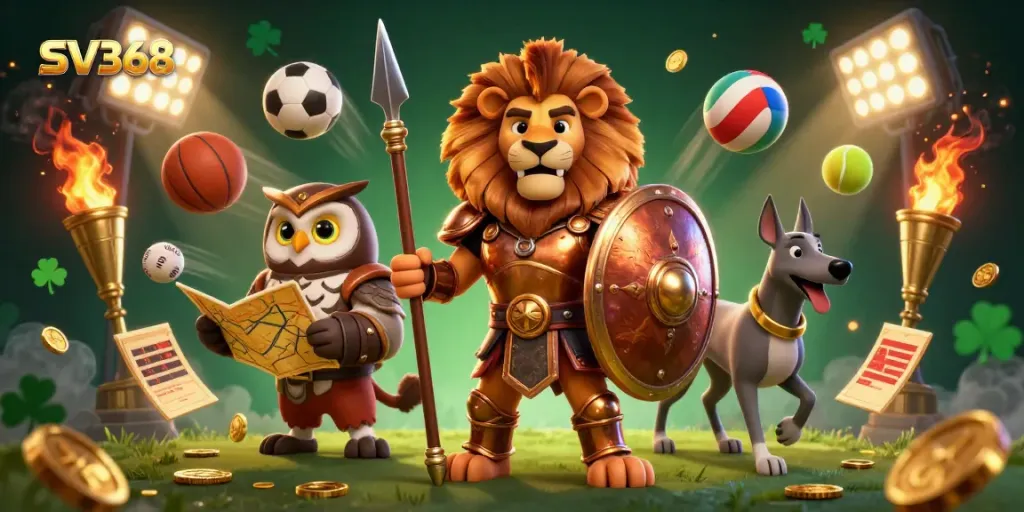 SV368 engages players with a dynamic 3D casino scene featuring a heroic lion and sports elements.