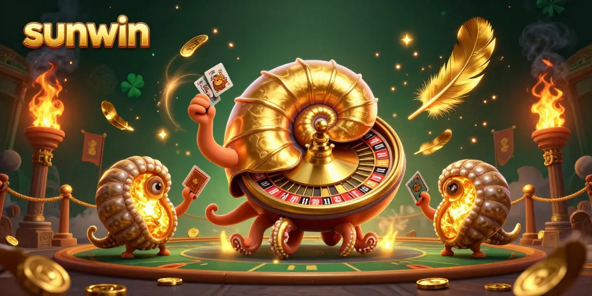 Experience excitement at sunwin, a vibrant casino scene with a giant nautilus roulette and glowing ammonite companions.