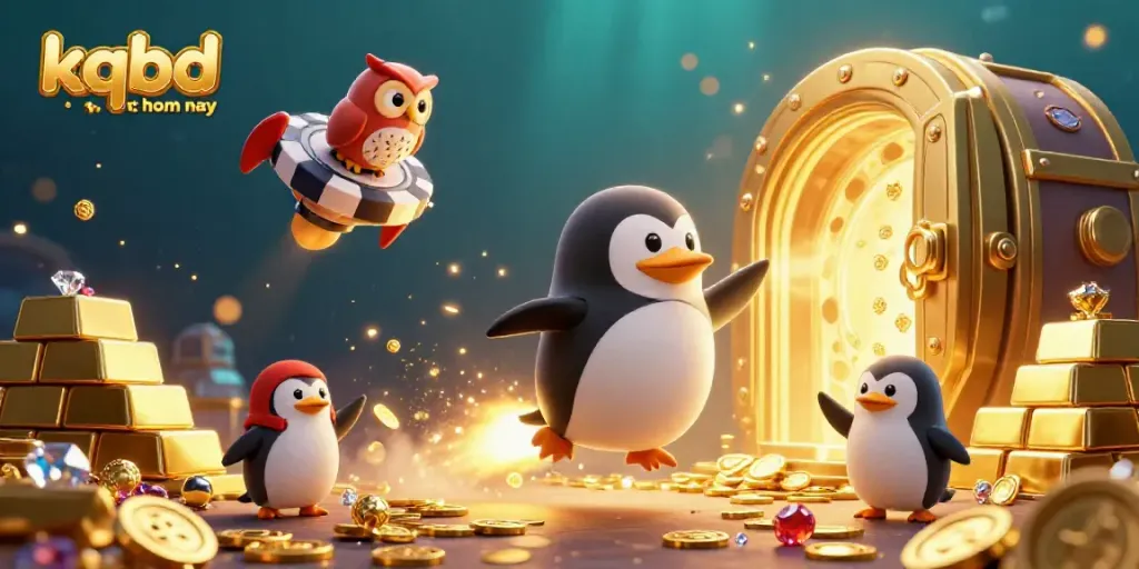 Watch the exciting scene of "kqbd truc tuyen hom nay" as a golden penguin zooms past a casino space station.