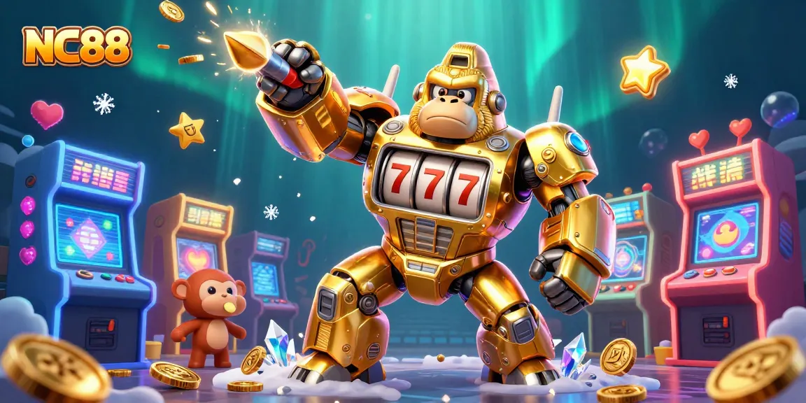 Experience the thrill of NC88 with a vibrant 3D illustration showcasing a golden gorilla mech and arcade gaming elements.