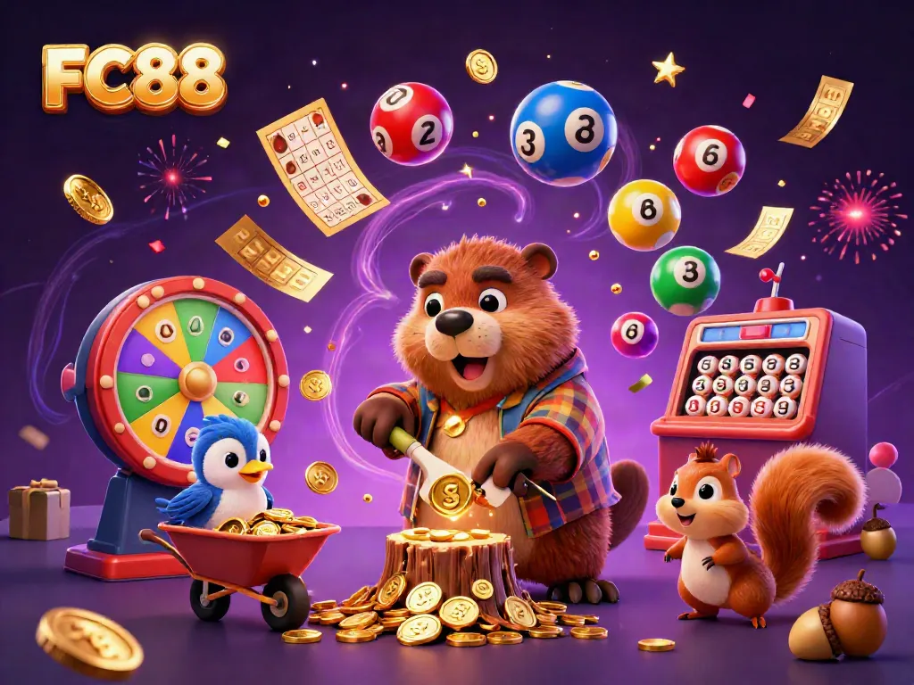 Experience thrilling fun at FC88 with vibrant characters and golden rewards raining from a magical tree.