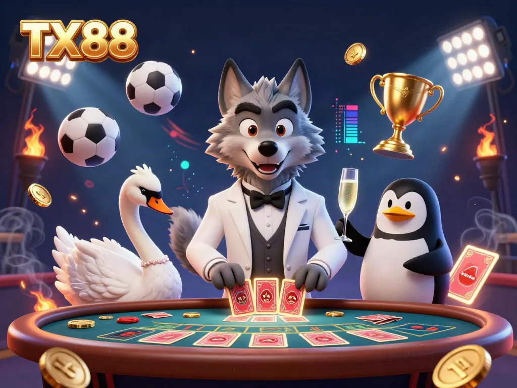 TX88 showcases a lively baccarat table scene featuring a charming wolf, swan dealer, and penguin presenting champagne.